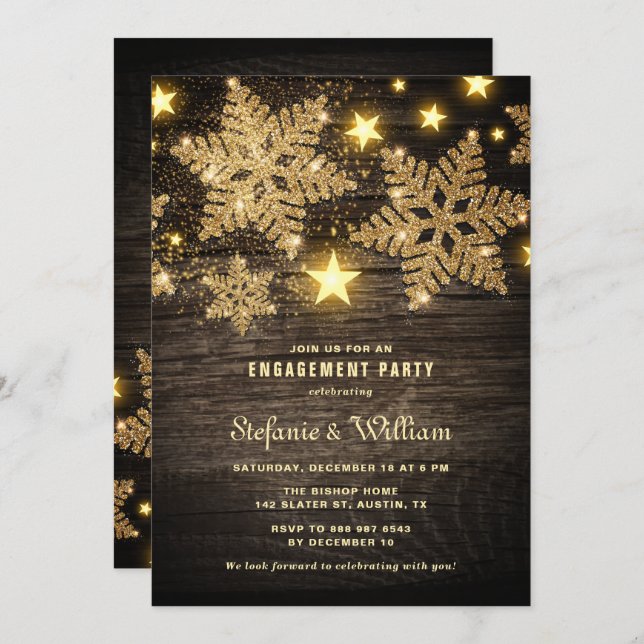 Gold Glitter Snowflakes Rustic Engagement Party Invitation (Front/Back)