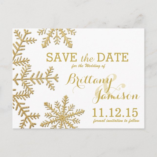 Gold Glitter Snowflakes Winter Save the Date Announcement Postcard (Front)