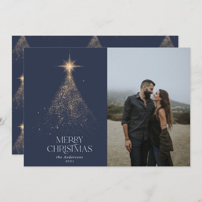 Gold glitter sparkle blue modern Christmas photo Holiday Card (Front/Back)