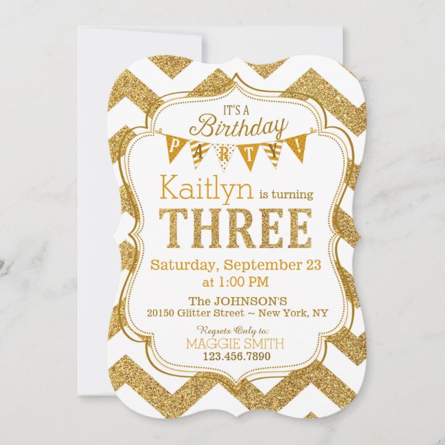 Gold Glitter Sparkle Chevron Third Birthday Invite (Front)