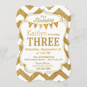 Gold Glitter Sparkle Chevron Third Birthday Invite