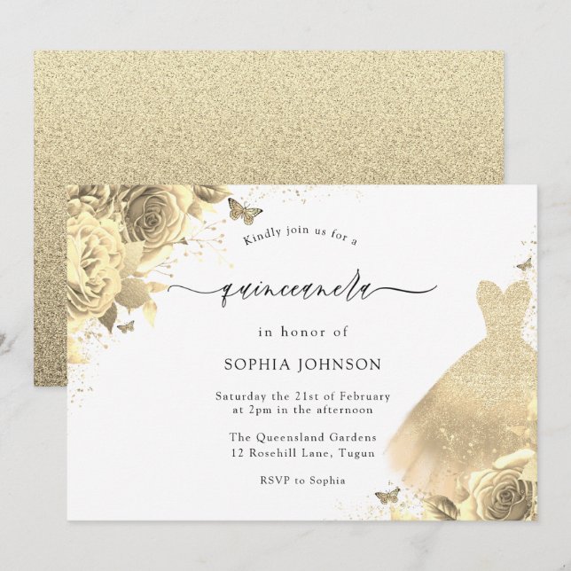 Gold Glitter Sparkle Dress Floral Quinceanera 15th Invitation (Front/Back)
