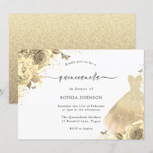 Gold Glitter Sparkle Dress Floral Quinceanera 15th Invitation