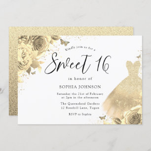 Gold Glitter Sparkle Dress Floral Sweet 16 Party Invitation
