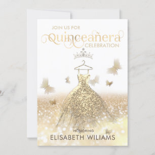 Gold glitter sparkle dress ombre tiara Quinceañera Invitation