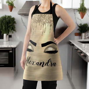 Gold Glitter Sparkle Eyelashes Monogram Name Apron