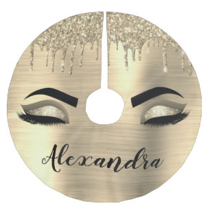 Gold Glitter Sparkle Eyelashes Monogram Name Brushed Polyester Tree Skirt
