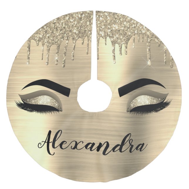Gold Glitter Sparkle Eyelashes Monogram Name Brushed Polyester Tree Skirt (Front)