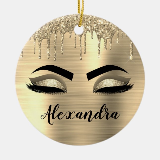 Gold Glitter Sparkle Eyelashes Monogram Name Ceramic Ornament (Front)