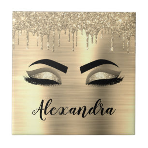 Gold Glitter Sparkle Eyelashes Monogram Name Ceramic Tile
