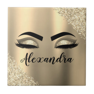 Gold Glitter Sparkle Eyelashes Monogram Name Ceramic Tile