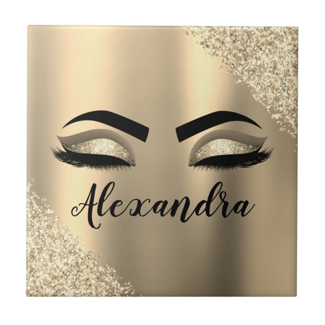 Gold Glitter Sparkle Eyelashes Monogram Name Ceramic Tile (Front)
