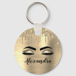 Gold Glitter Sparkle Eyelashes Monogram Name Key Ring