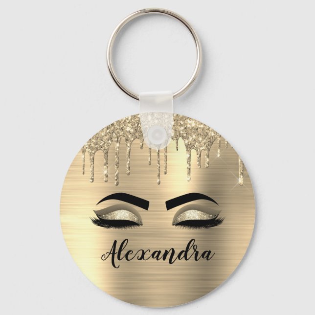 Gold Glitter Sparkle Eyelashes Monogram Name Key Ring (Front)