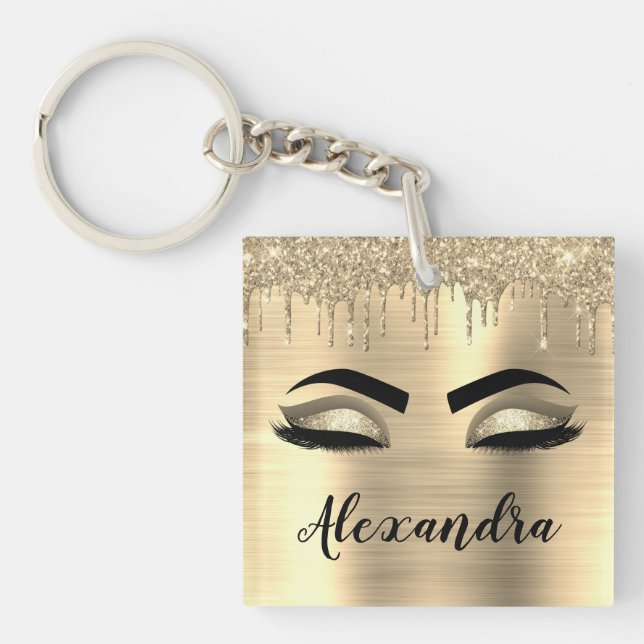 Gold Glitter Sparkle Eyelashes Monogram Name Key Ring (Front)