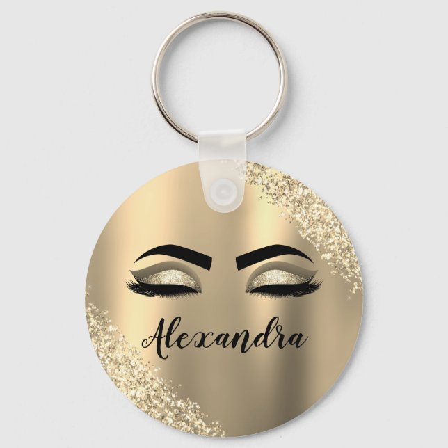 Gold Glitter Sparkle Eyelashes Monogram Name Key Ring (Front)