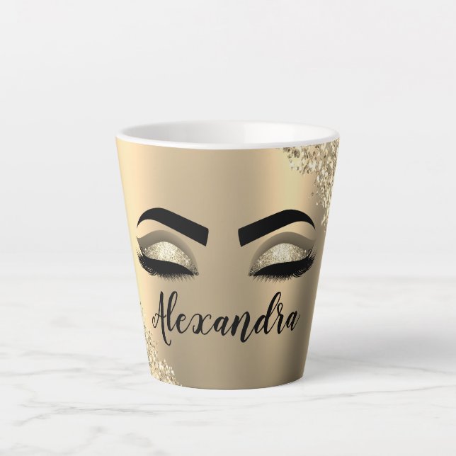 Gold Glitter Sparkle Eyelashes Monogram Name Latte Mug (Front)