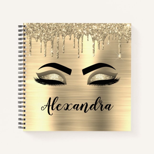 Gold Glitter Sparkle Eyelashes Monogram Name Notebook (Front)