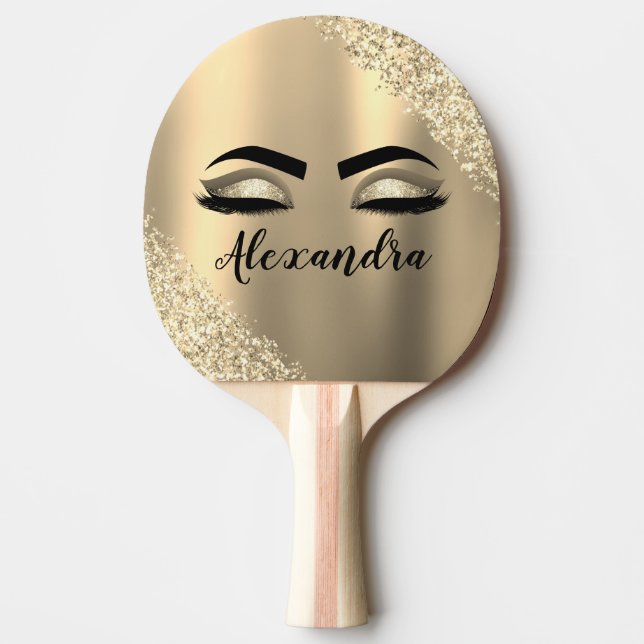 Gold Glitter Sparkle Eyelashes Monogram Name Ping Pong Paddle (Front)