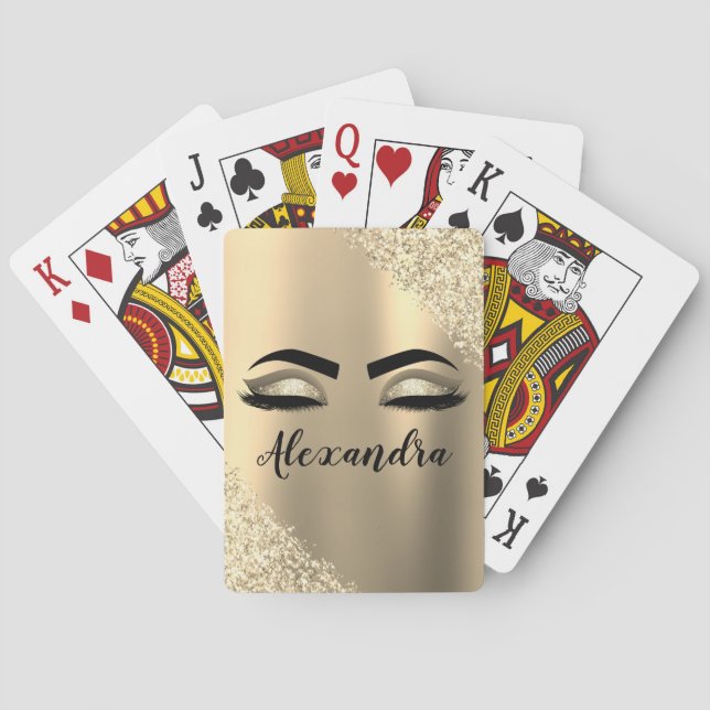 Gold Glitter Sparkle Eyelashes Monogram Name Playing Cards (Back)