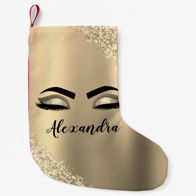 Gold Glitter Sparkle Eyelashes Monogram Name Small Christmas Stocking (Front)