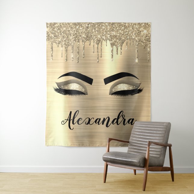 Gold Glitter Sparkle Eyelashes Monogram Name Tapestry (In Situ)