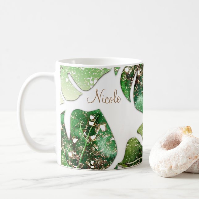 Gold Glitter Sparkle Glam Tropical Leaves Summer Coffee Mug (With Donut)