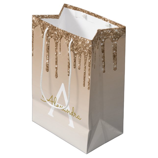 Gold Glitter & Sparkle Luxury Monogram Medium Gift Bag (Front Angled)