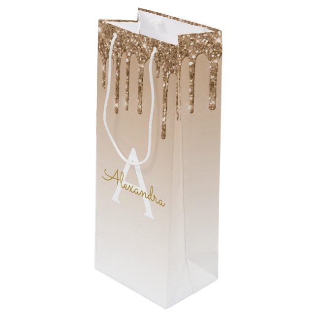 Gold Glitter & Sparkle Luxury Monogram Wine Gift Bag (Front Angled)