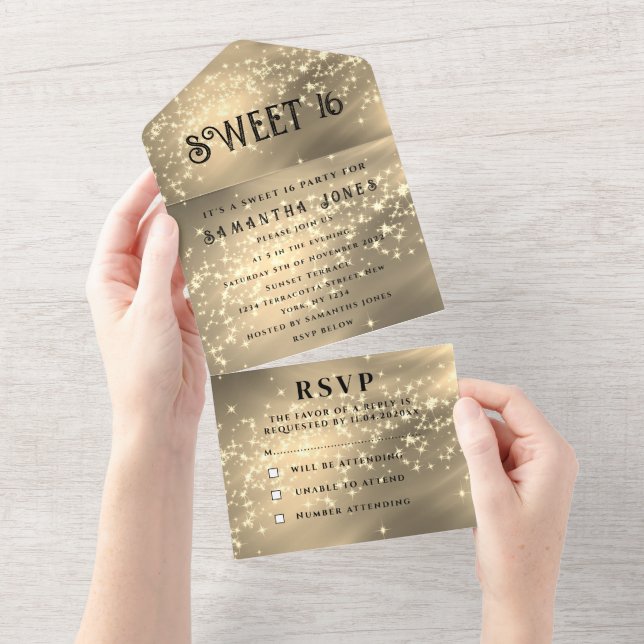 Gold Glitter Sparkle Modern Elegant Sweet 16 All In One Invitation (Tearaway)