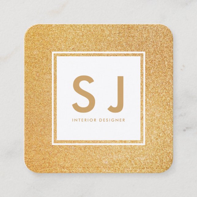 Gold Glitter Sparkle Modern Interior Designer Square Business Card (Front)