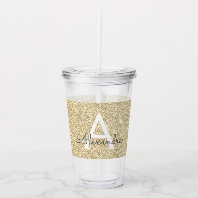 Gold Glitter & Sparkle Monogram Birthday Acrylic Tumbler (Front)