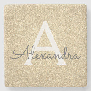 Gold Glitter & Sparkle Monogram Stone Coaster