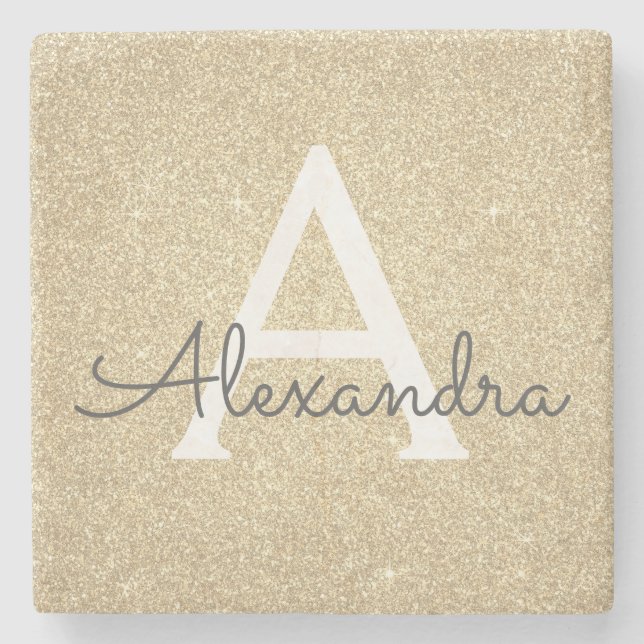 Gold Glitter & Sparkle Monogram Stone Coaster (Front)