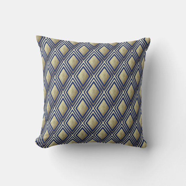 Gold Glitter Sparkle Navy Blue Diamond Pattern Cushion (Front)