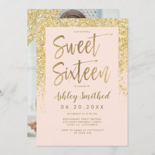 Gold glitter sparkle pink photo sweet sixteen invitation