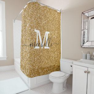 Gold Glitter Sparkle Script Monogram Shower Curtain