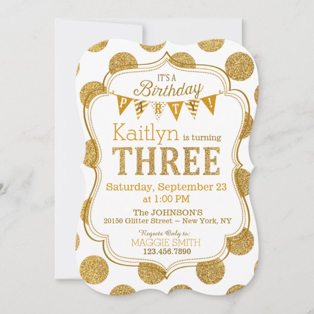 Gold Glitter Sparkle Third Birthday Invite (Front)