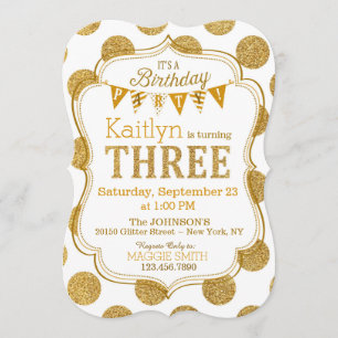 Gold Glitter Sparkle Third Birthday Invite
