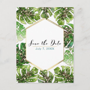 Gold Glitter Sparkle Tropical Leaves Save the Date Announcement Postcard