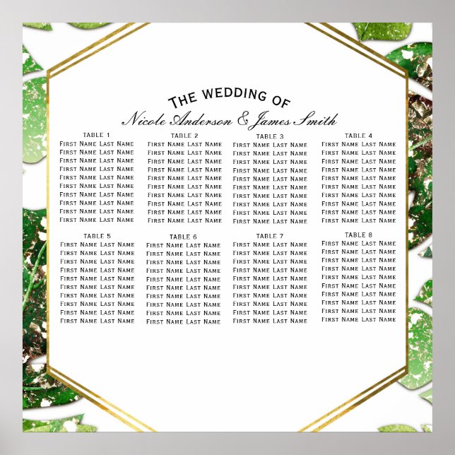 Gold Glitter Sparkle Tropical Leaves Seating Chart (Front)
