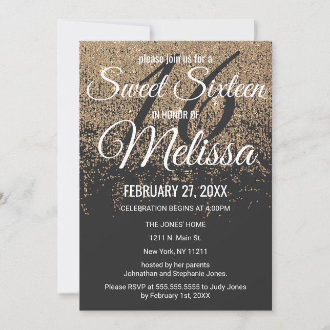 Gold Glitter Sparkles Black Sweet 16 Invitation (Front)