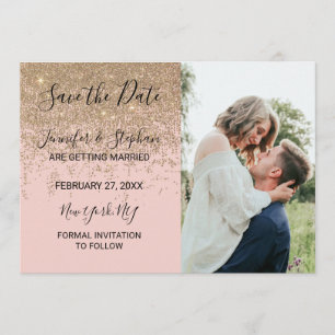 Gold Glitter Sparkles Blush Pink Save the Dates Invitation