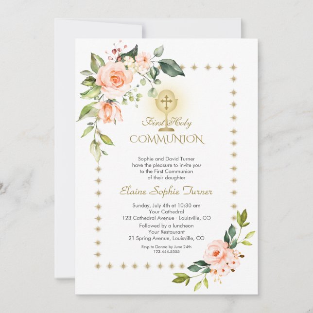 Gold Glitter Sparkles Coral Flowers Holy Communion Invitation (Front)