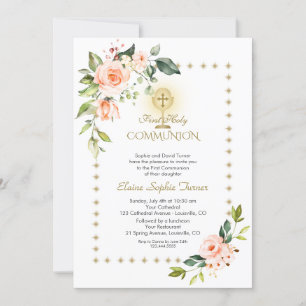 Gold Glitter Sparkles Coral Flowers Holy Communion Invitation