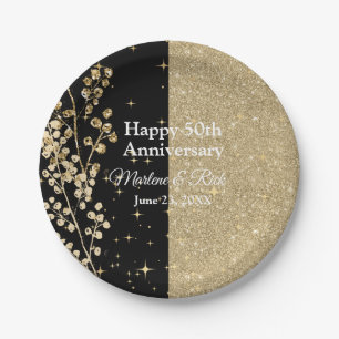 Gold Glitter Sparkles Elegant Black Calligraphy Paper Plate