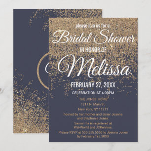 Gold Glitter Sparkles Navy Blue Bridal Shower Invitation