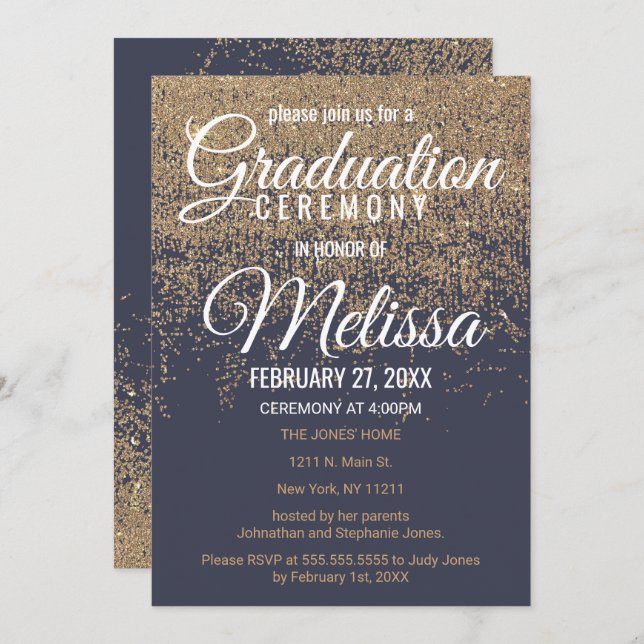 Gold Glitter Sparkles Navy Blue Graduation Invitation (Front/Back)