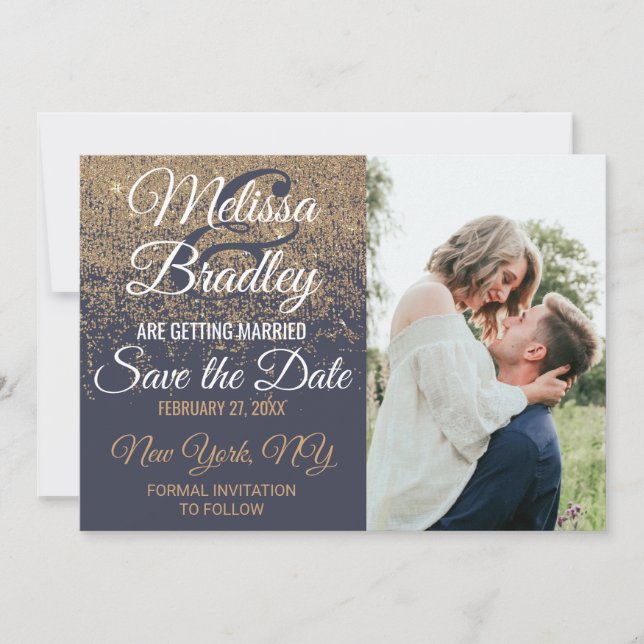 Gold Glitter Sparkles Navy Blue Save the Dates Invitation (Front)