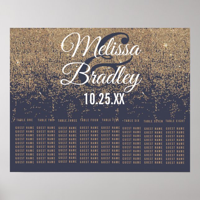 Gold Glitter Sparkles Navy Blue Seating Chart (Front)